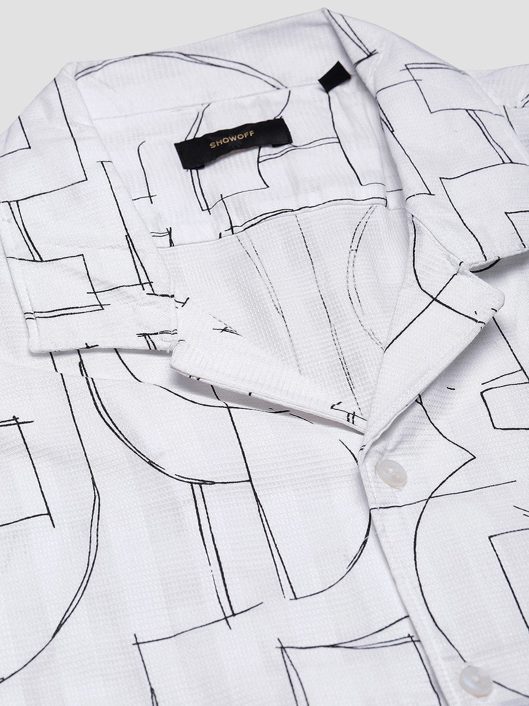 Men's White Abstract Cuban Collar Relaxed Fit Shirt