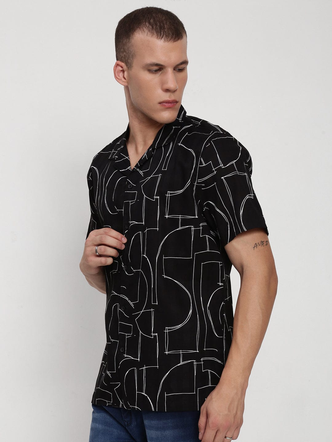 Men's Black Abstract Cuban Collar Relaxed Fit Shirt
