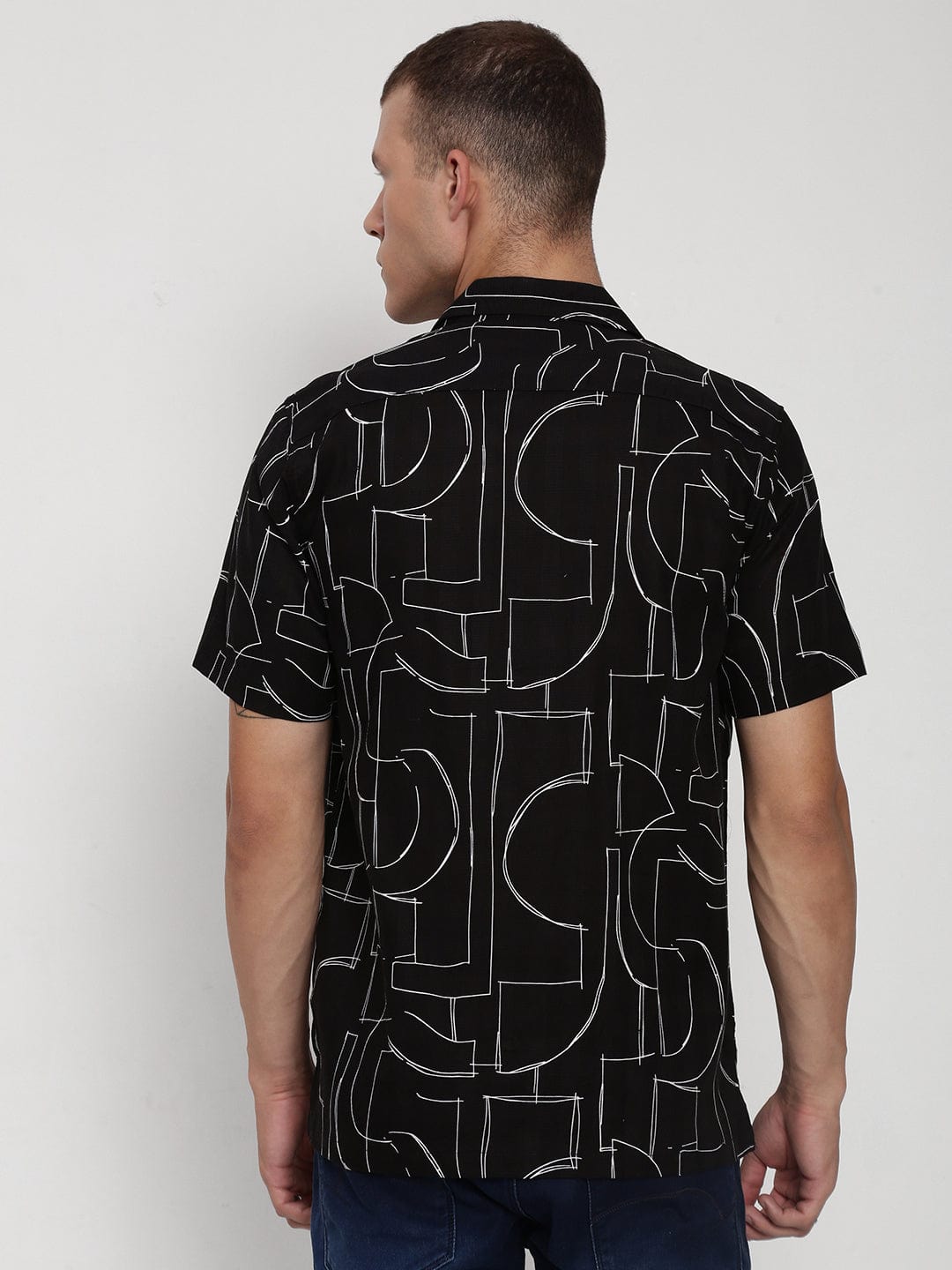 Men's Black Abstract Cuban Collar Relaxed Fit Shirt