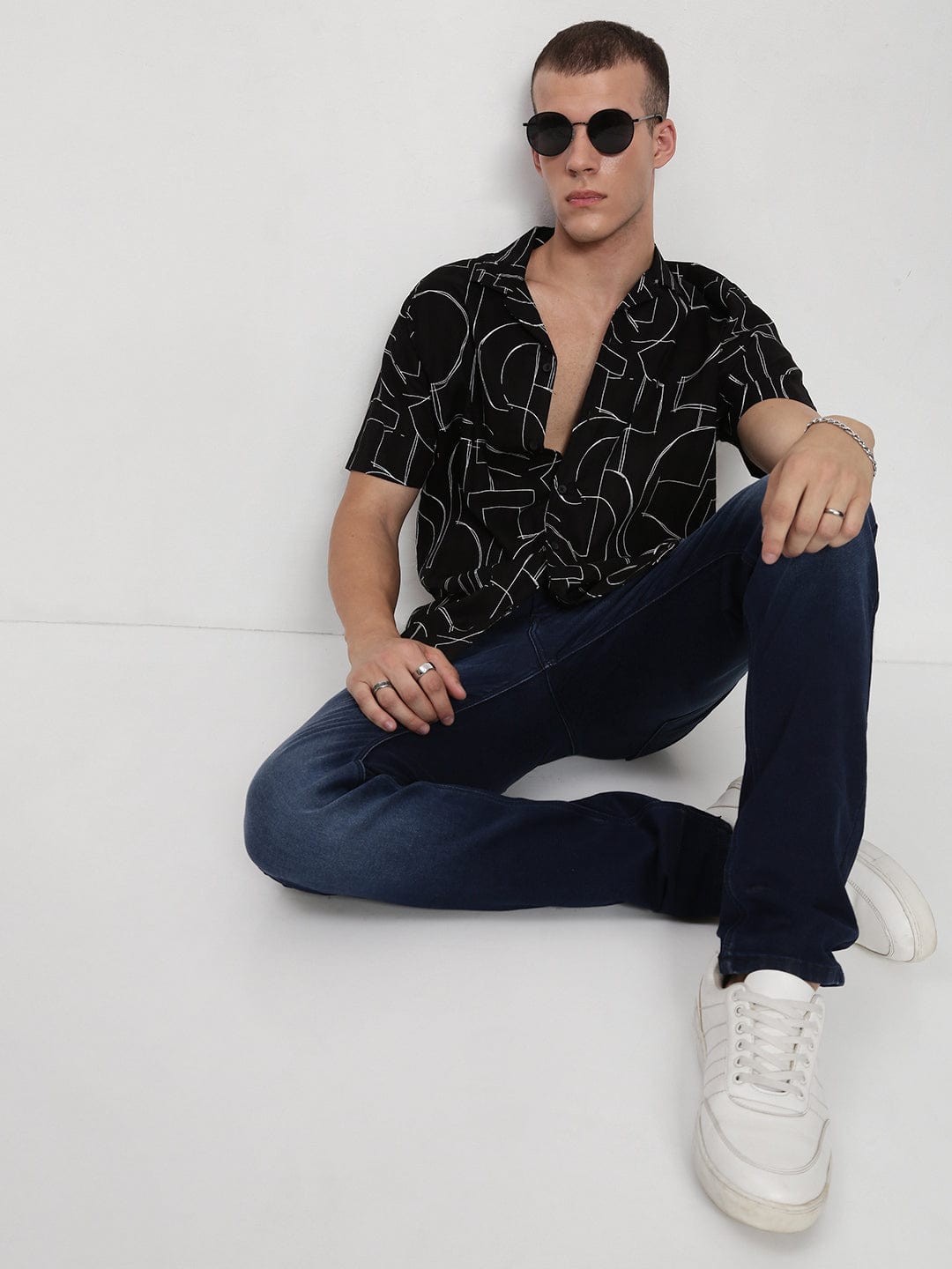 Men's Black Abstract Cuban Collar Relaxed Fit Shirt