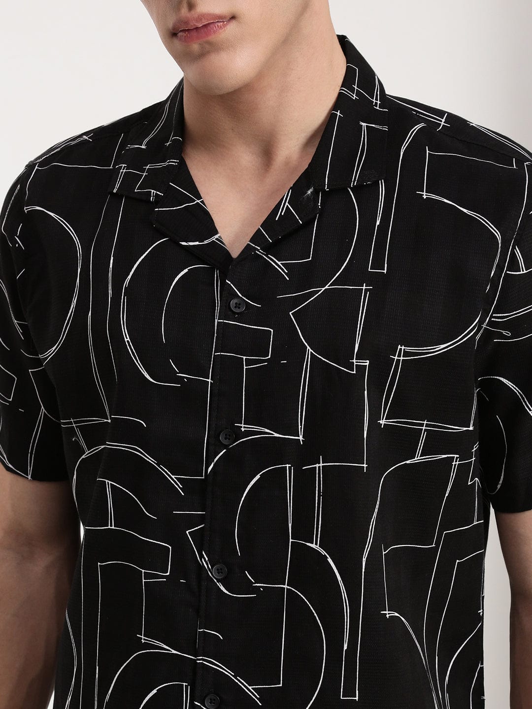 Men's Black Abstract Cuban Collar Relaxed Fit Shirt