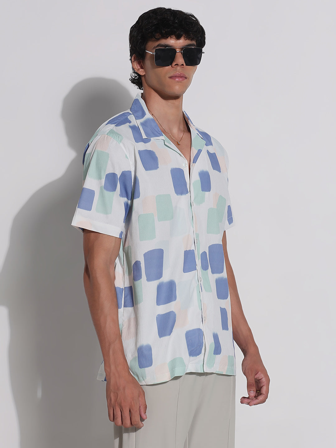 Men's White Geometric Cuban Collar Relaxed Fit Shirt