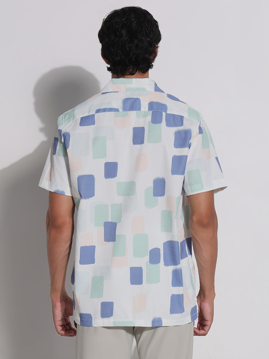 Men's White Geometric Cuban Collar Relaxed Fit Shirt