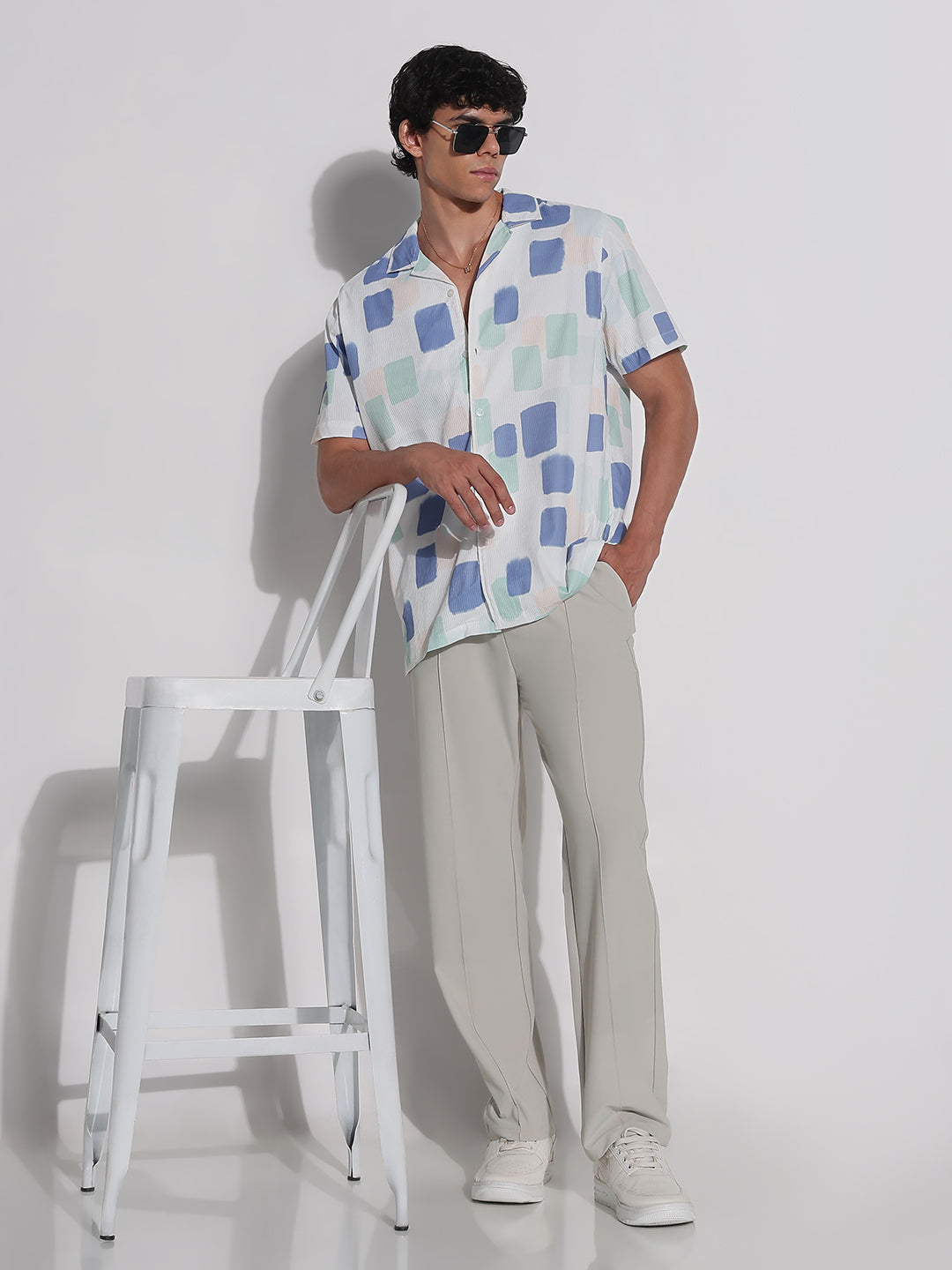 Men's White Geometric Cuban Collar Relaxed Fit Shirt