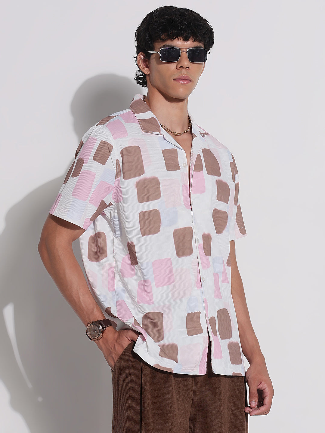 Men's White Geometric Cuban Collar Relaxed Fit Shirt