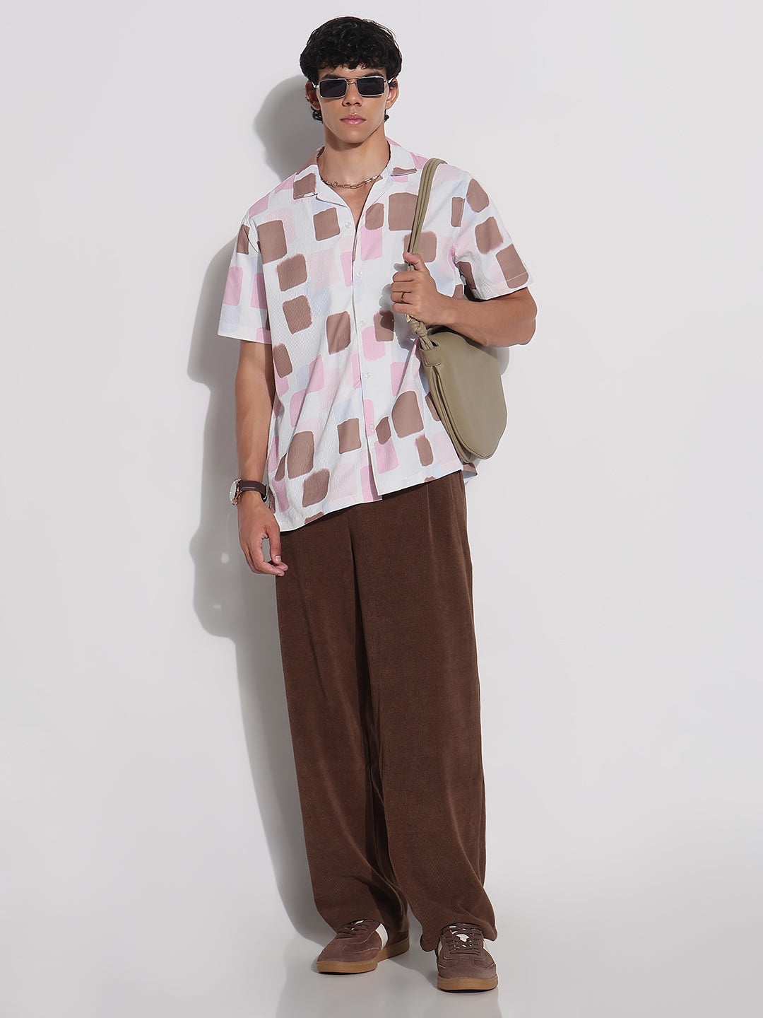 Men's White Geometric Cuban Collar Relaxed Fit Shirt