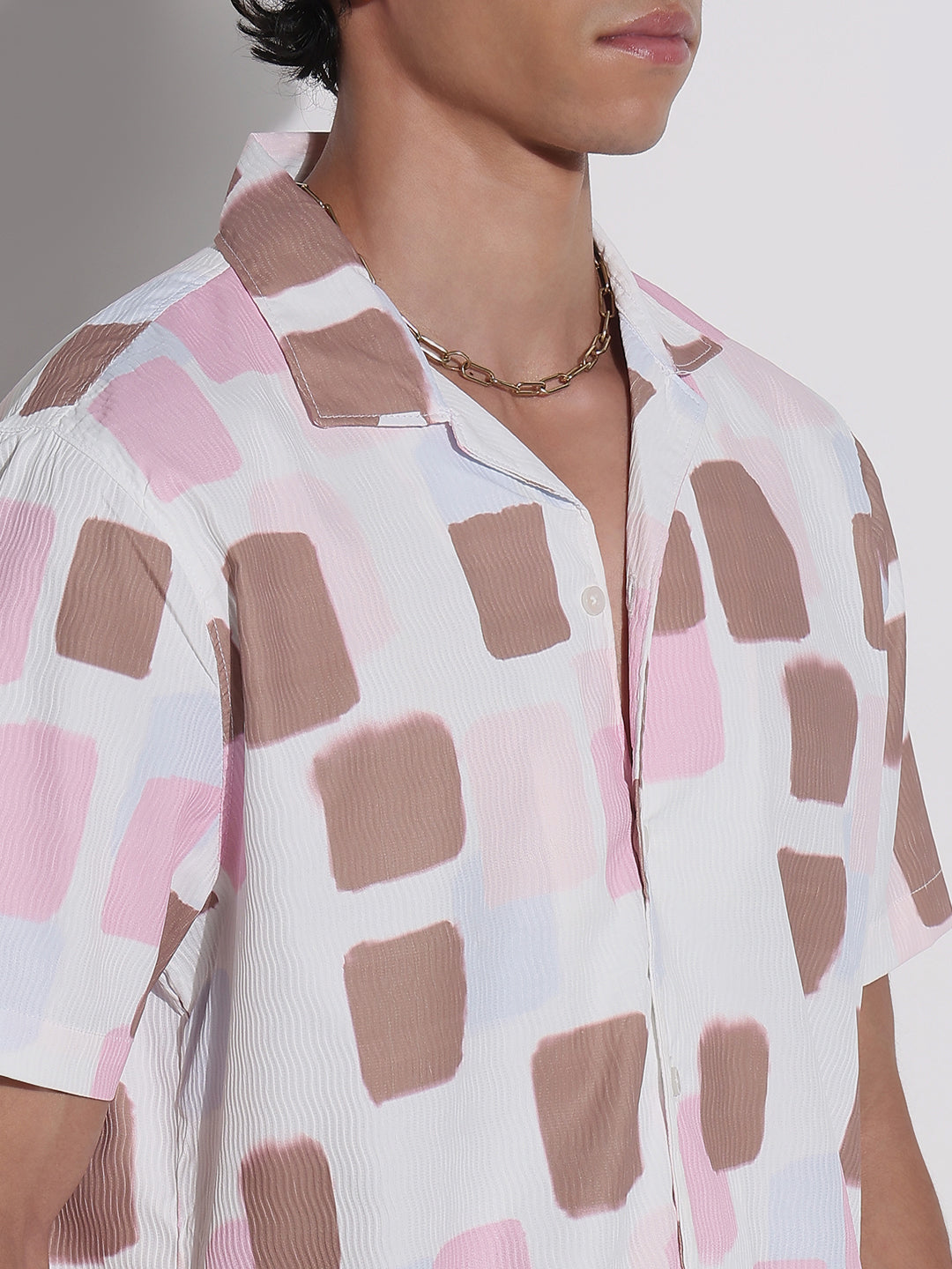 Men's White Geometric Cuban Collar Relaxed Fit Shirt