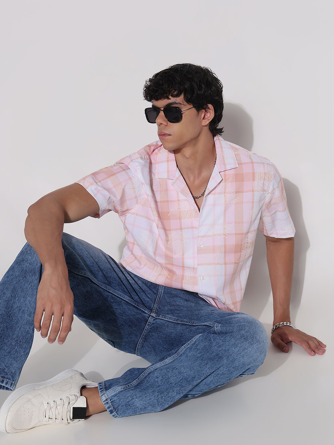 Men's Peach Checked Cuban Collar Relaxed Fit Shirt