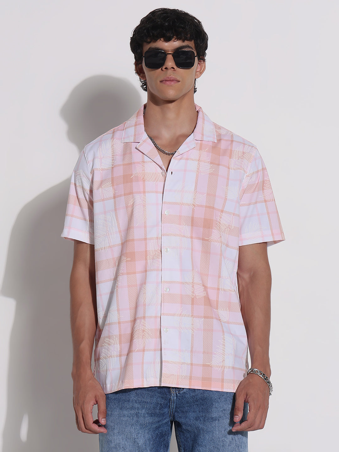 Men's Peach Checked Cuban Collar Relaxed Fit Shirt