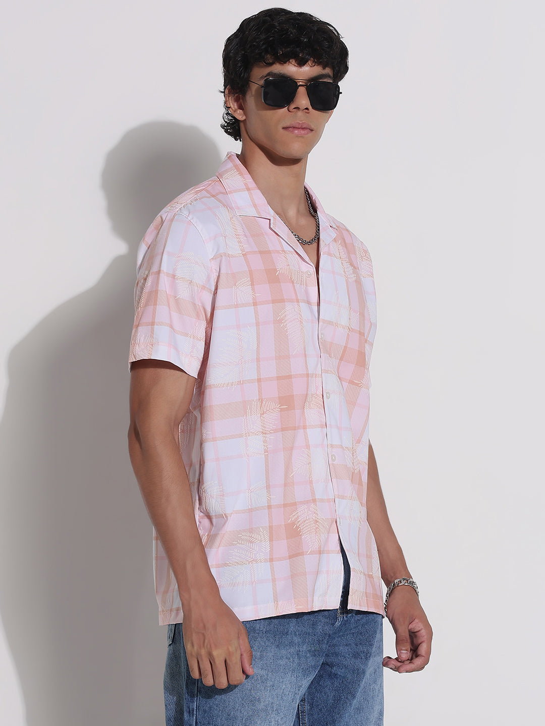 Men's Peach Checked Cuban Collar Relaxed Fit Shirt