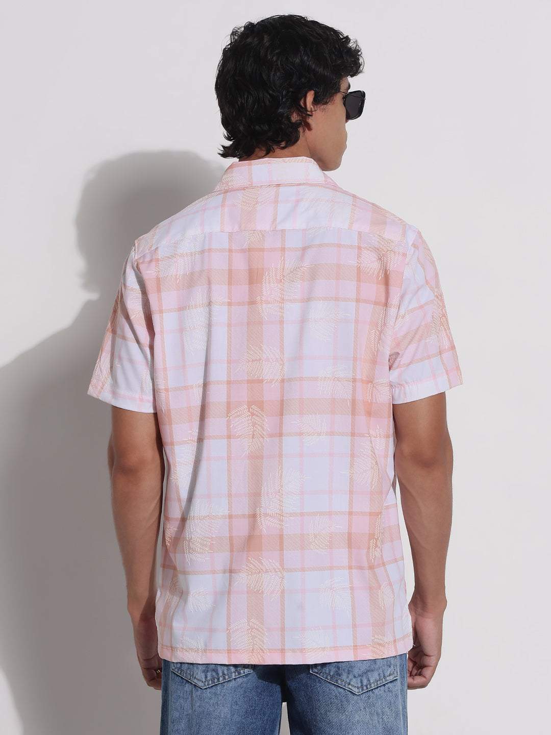 Men's Peach Checked Cuban Collar Relaxed Fit Shirt