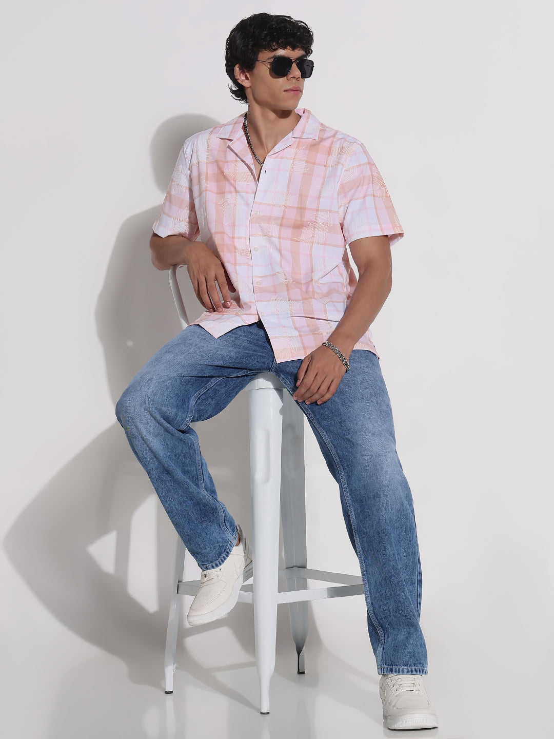 Men's Peach Checked Cuban Collar Relaxed Fit Shirt