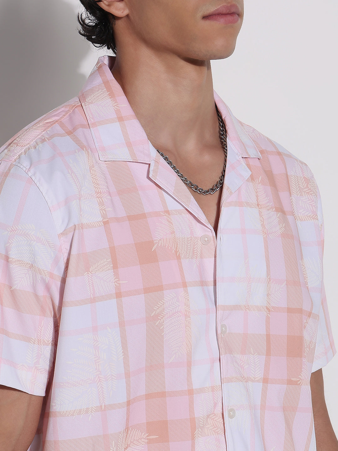 Men's Peach Checked Cuban Collar Relaxed Fit Shirt