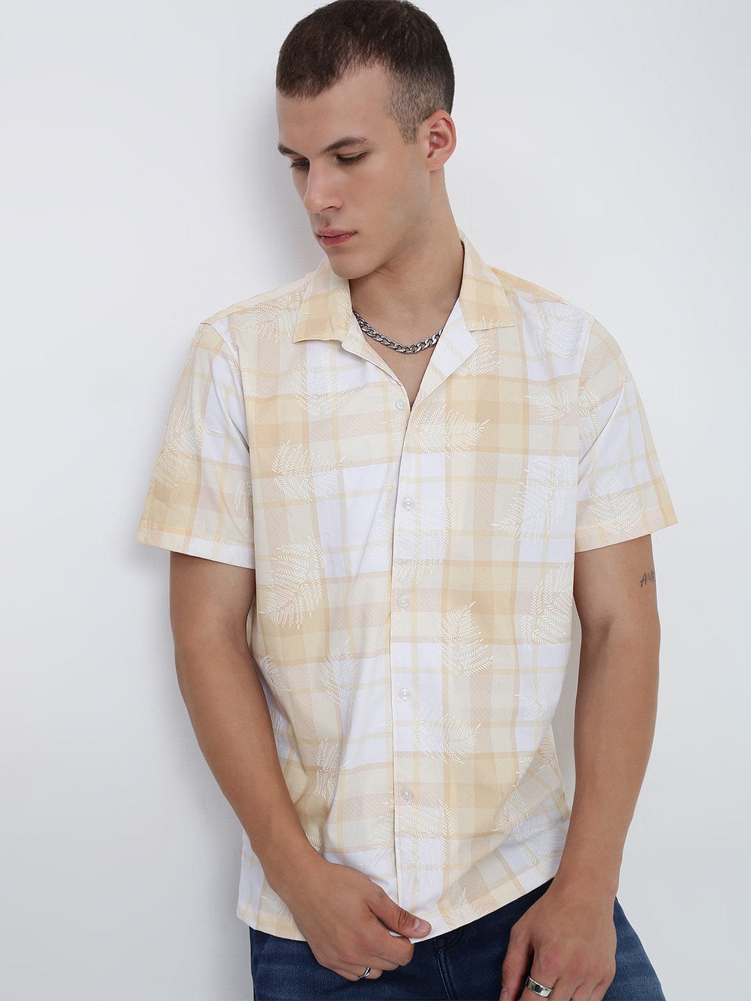 Men's Yellow Windowpane Checks Cuban Collar Relaxed Fit Shirt