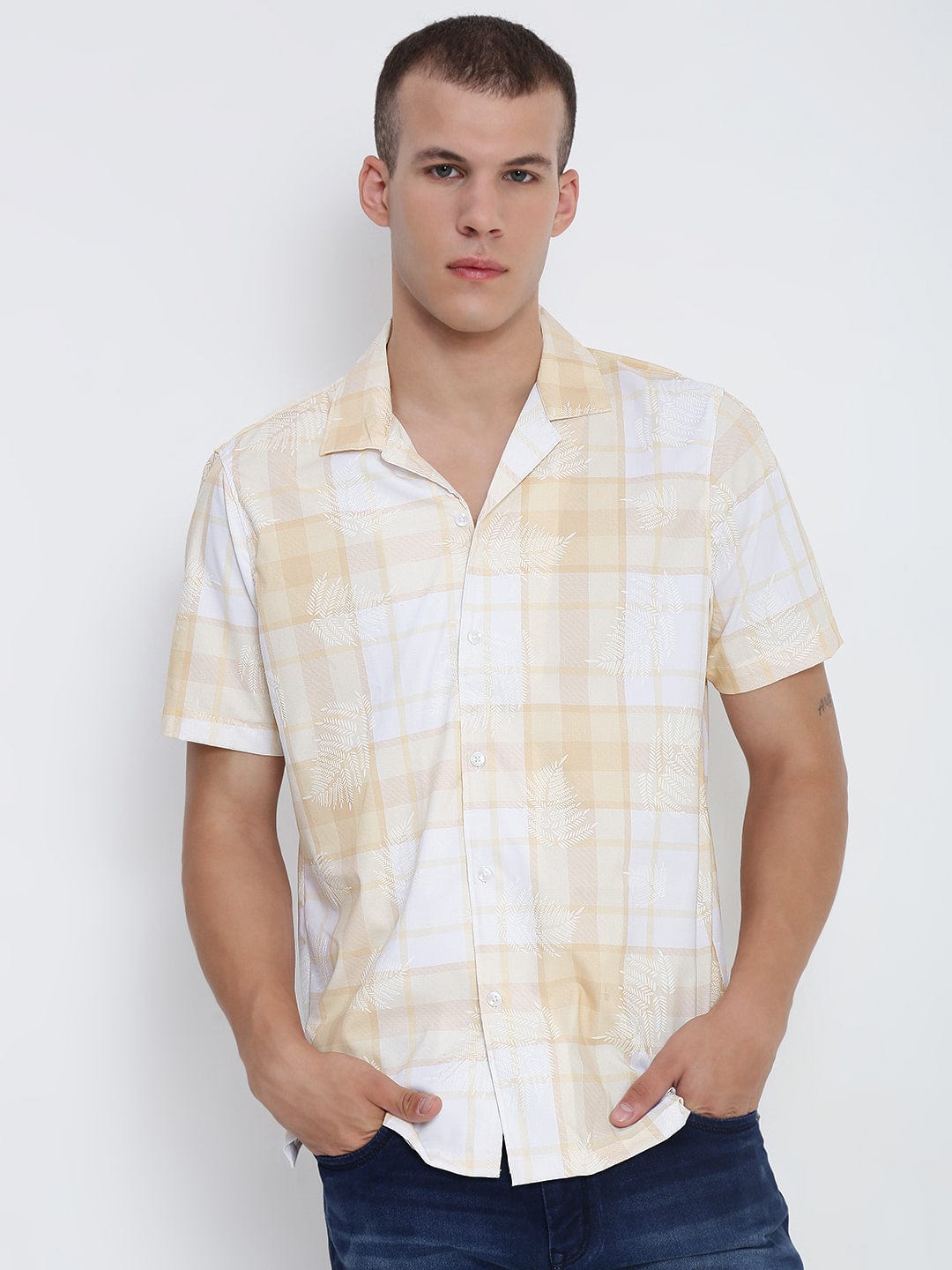 Men's Yellow Windowpane Checks Cuban Collar Relaxed Fit Shirt