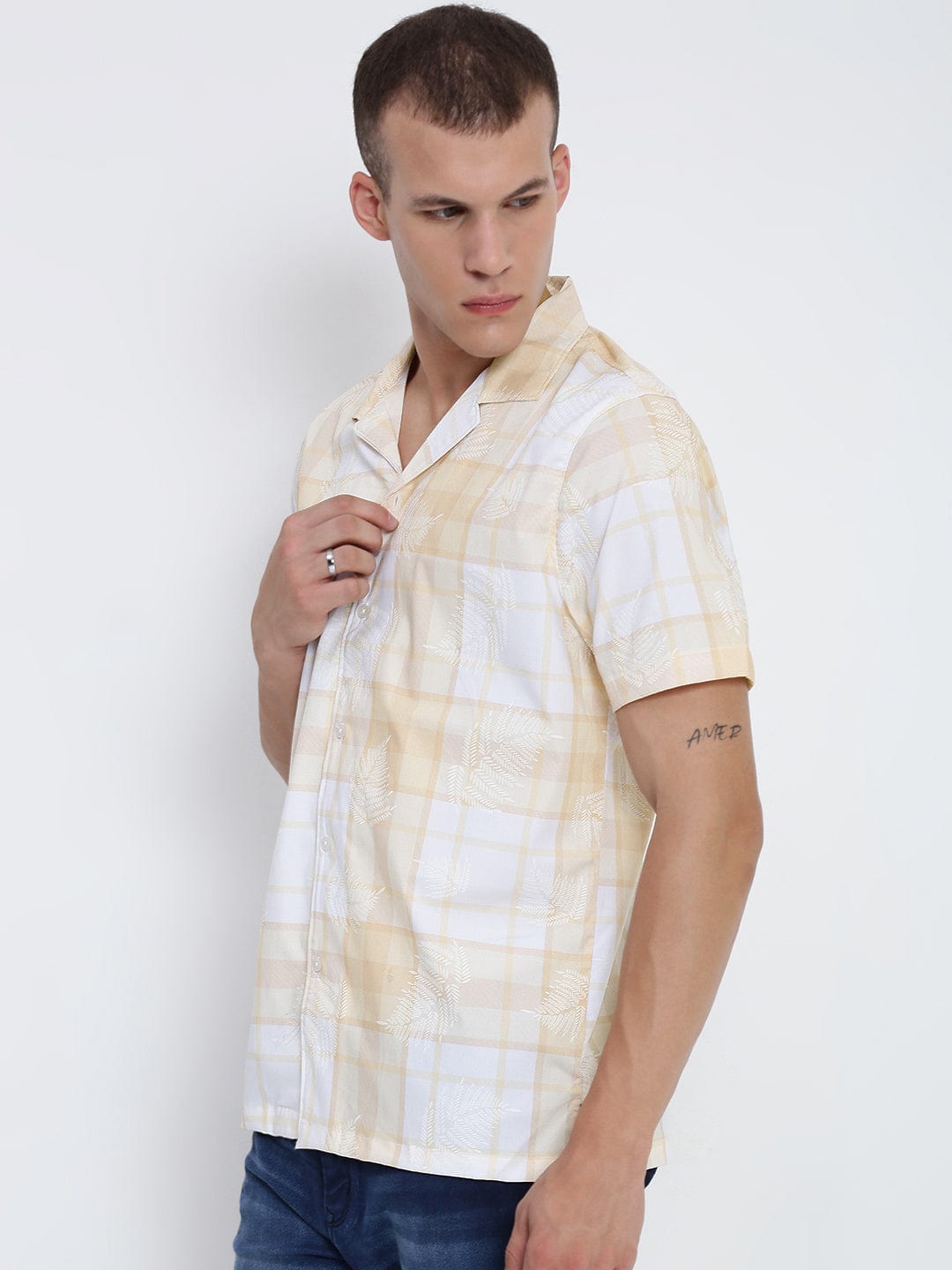 Men's Yellow Windowpane Checks Cuban Collar Relaxed Fit Shirt