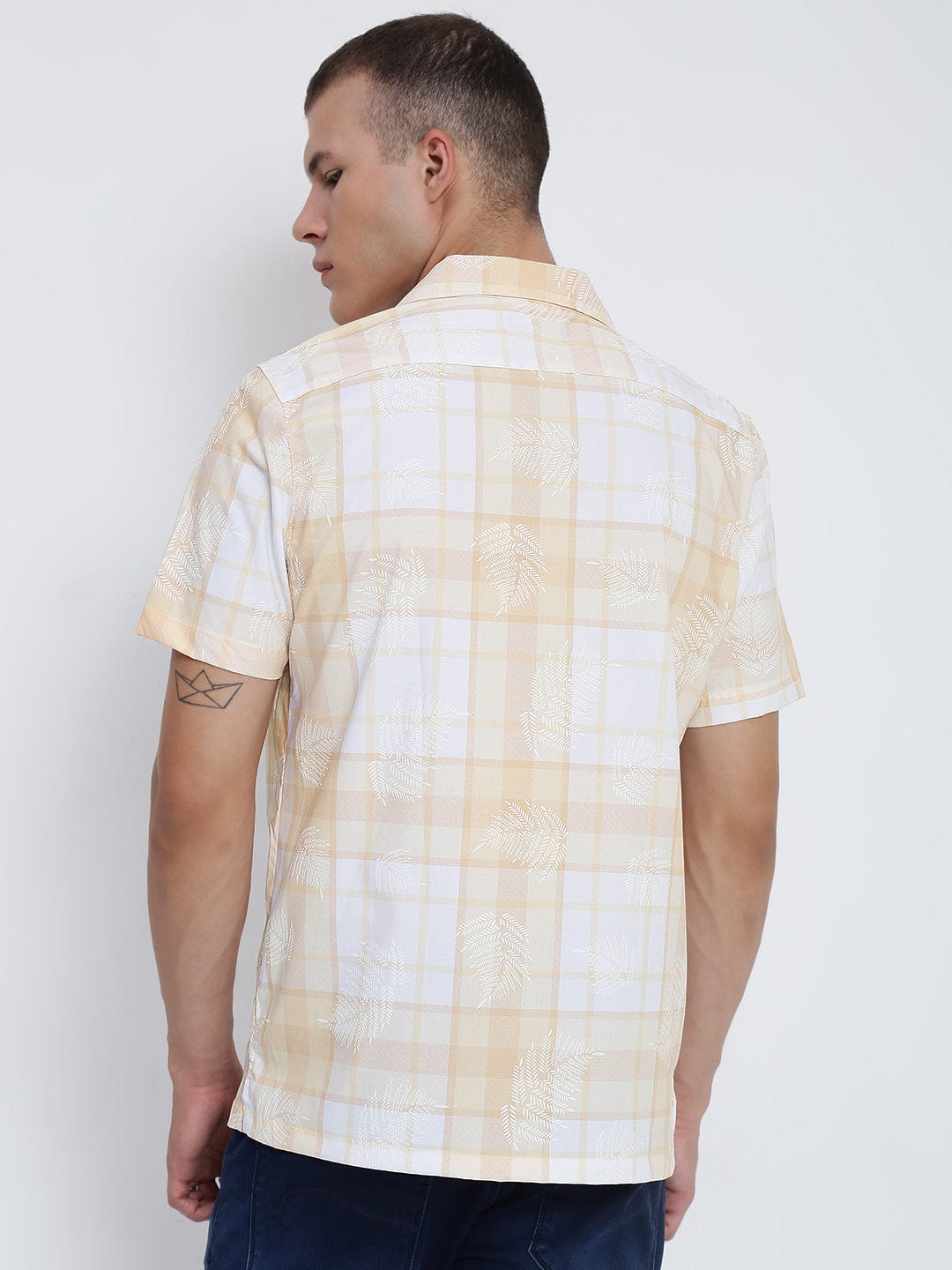 Men's Yellow Windowpane Checks Cuban Collar Relaxed Fit Shirt