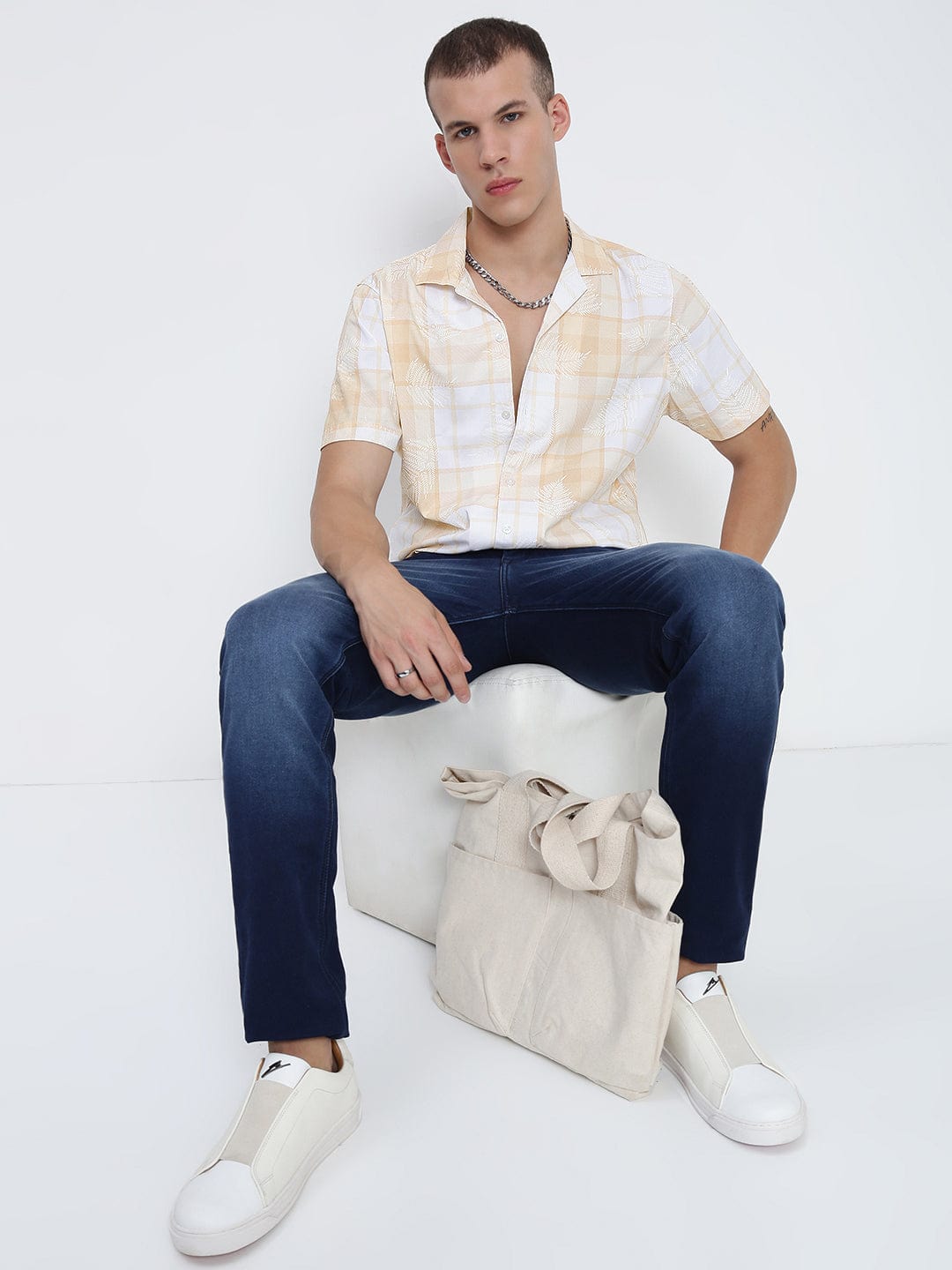 Men's Yellow Windowpane Checks Cuban Collar Relaxed Fit Shirt