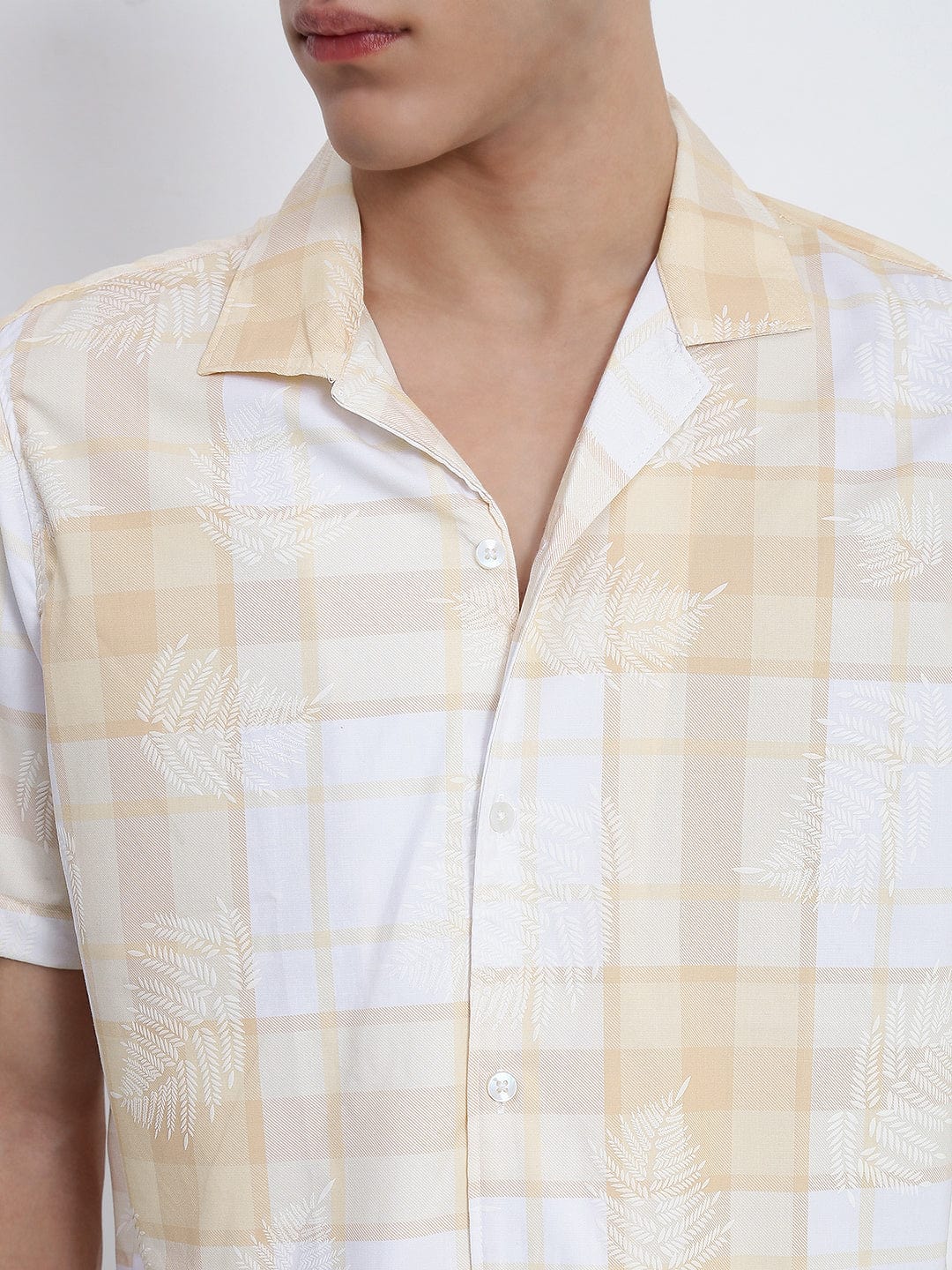 Men's Yellow Windowpane Checks Cuban Collar Relaxed Fit Shirt