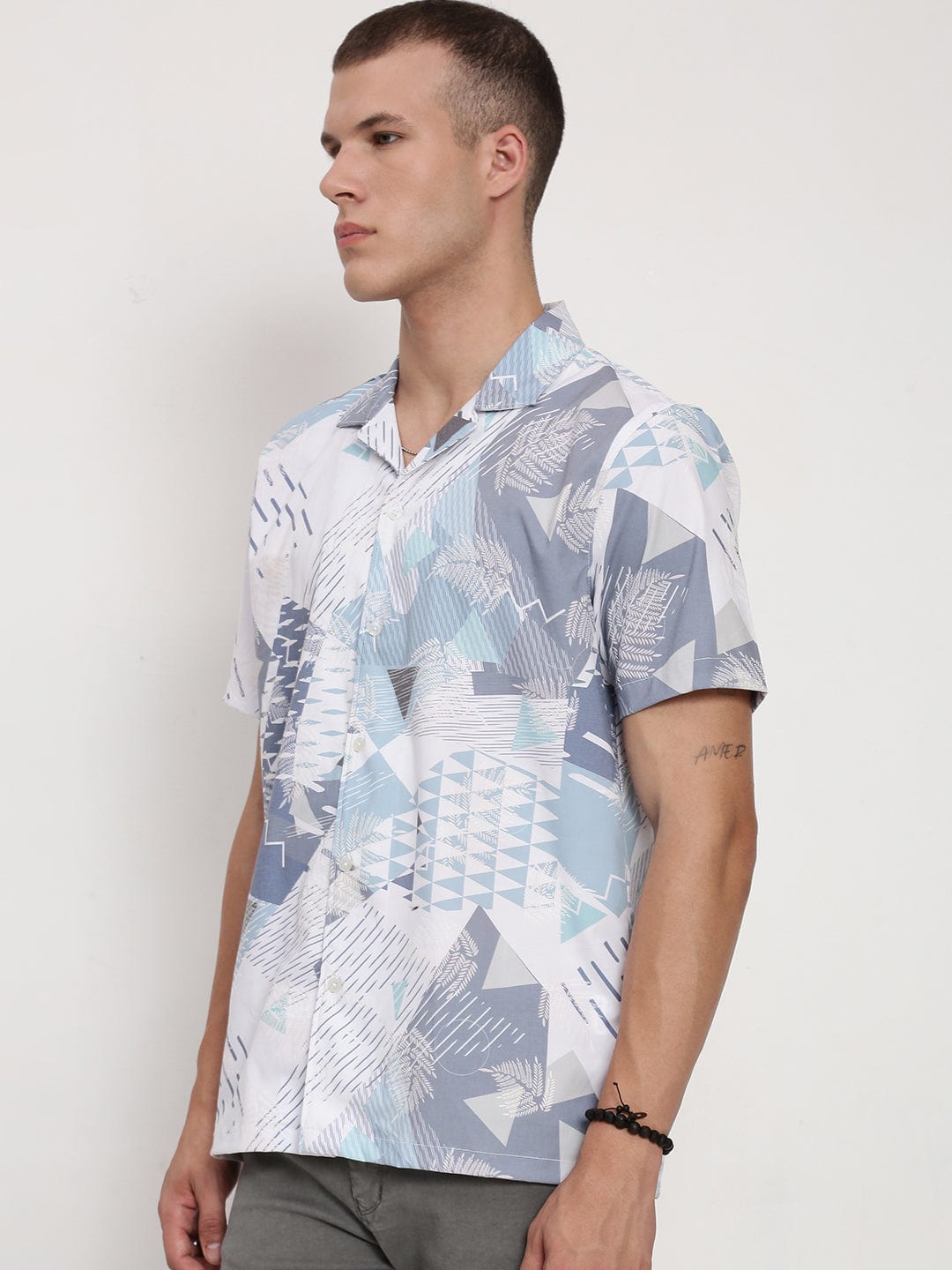 Men's White Floral Cuban Collar Relaxed Fit Shirt