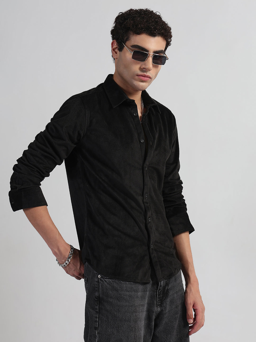 Men's Black Slim Fit Velvet Shirt