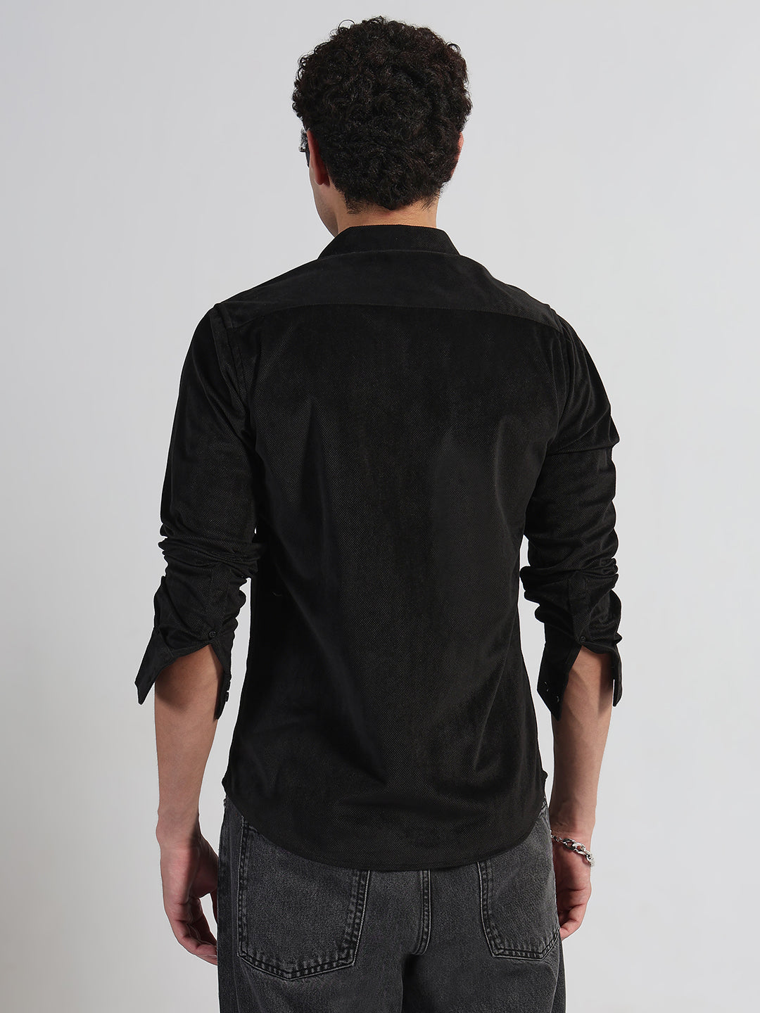 Men's Black Slim Fit Velvet Shirt