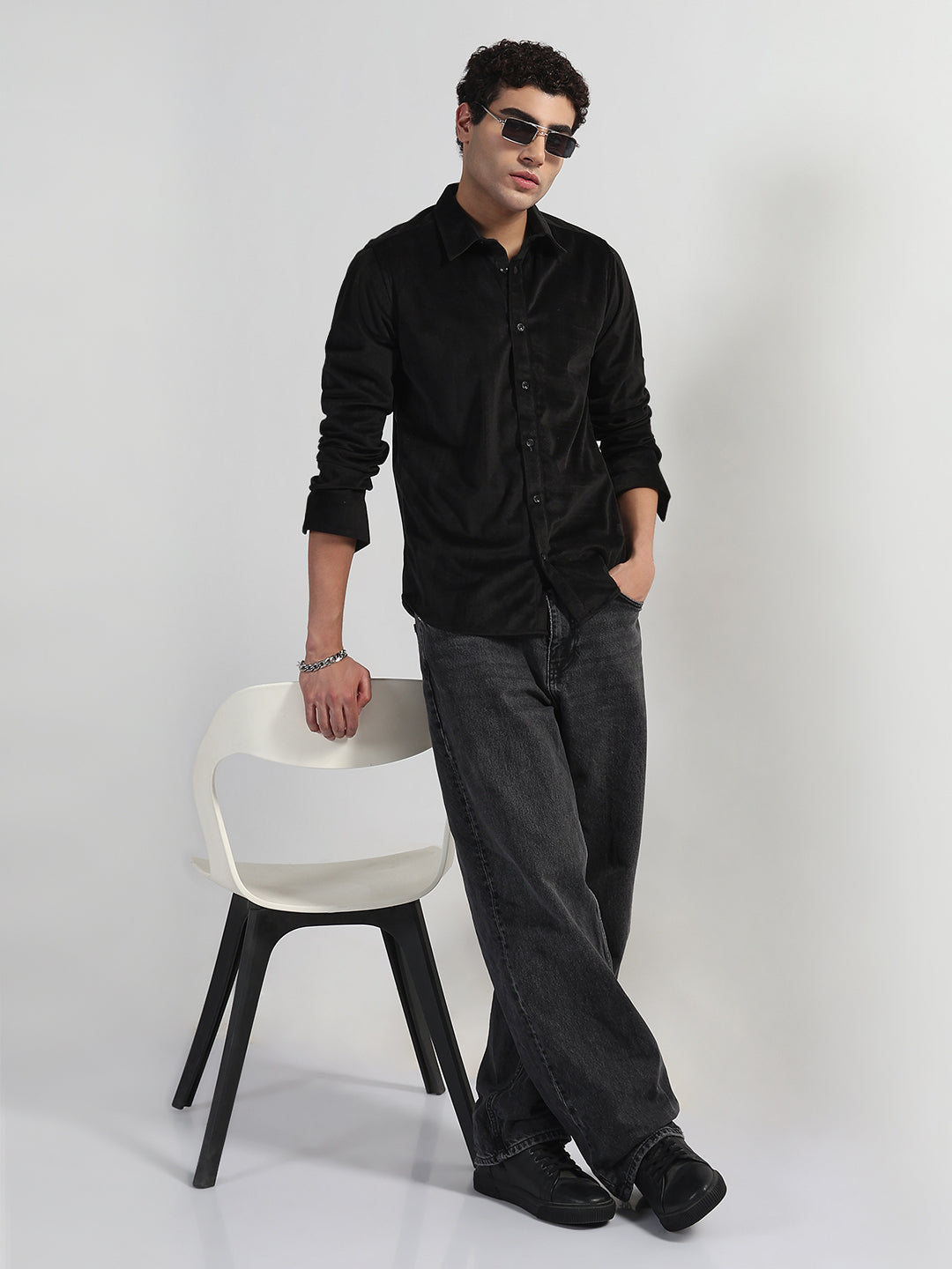 Men's Black Slim Fit Velvet Shirt