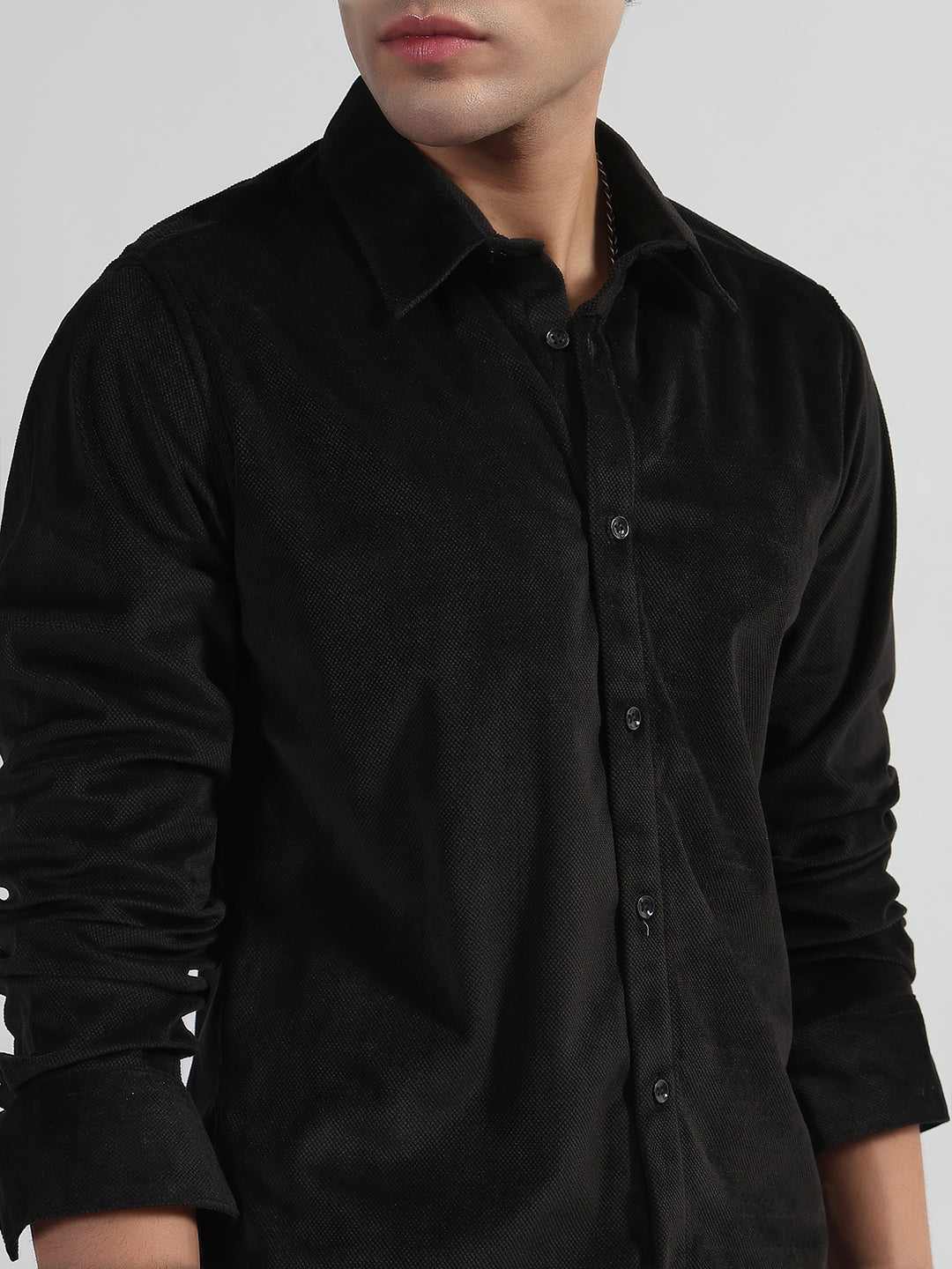 Men's Black Slim Fit Velvet Shirt