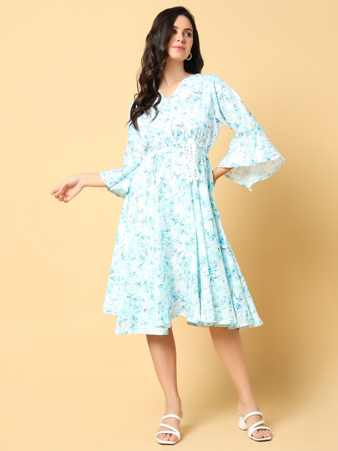 Women Printed Blue Fit and Flare Dress