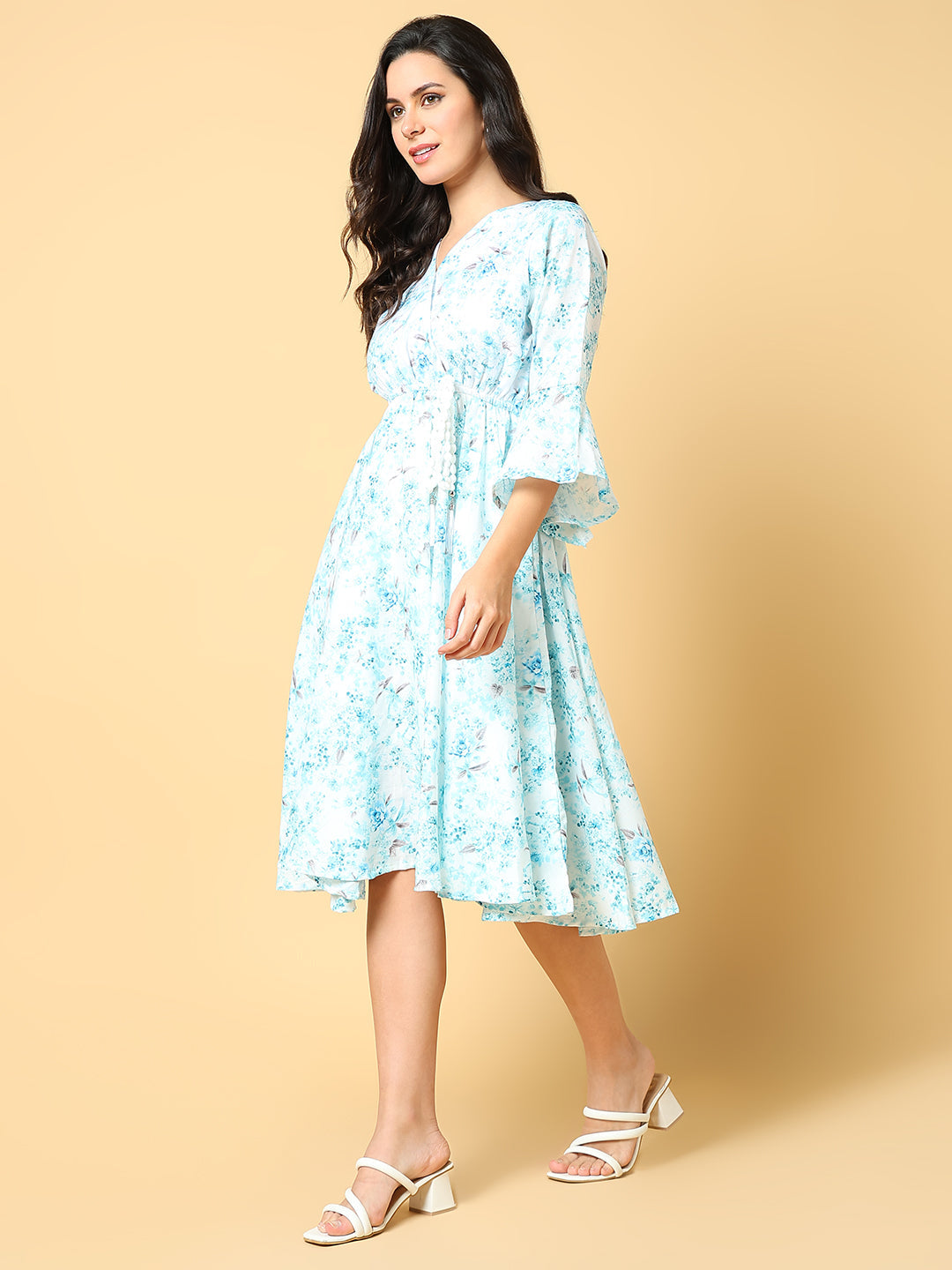 Women Printed Blue Fit and Flare Dress