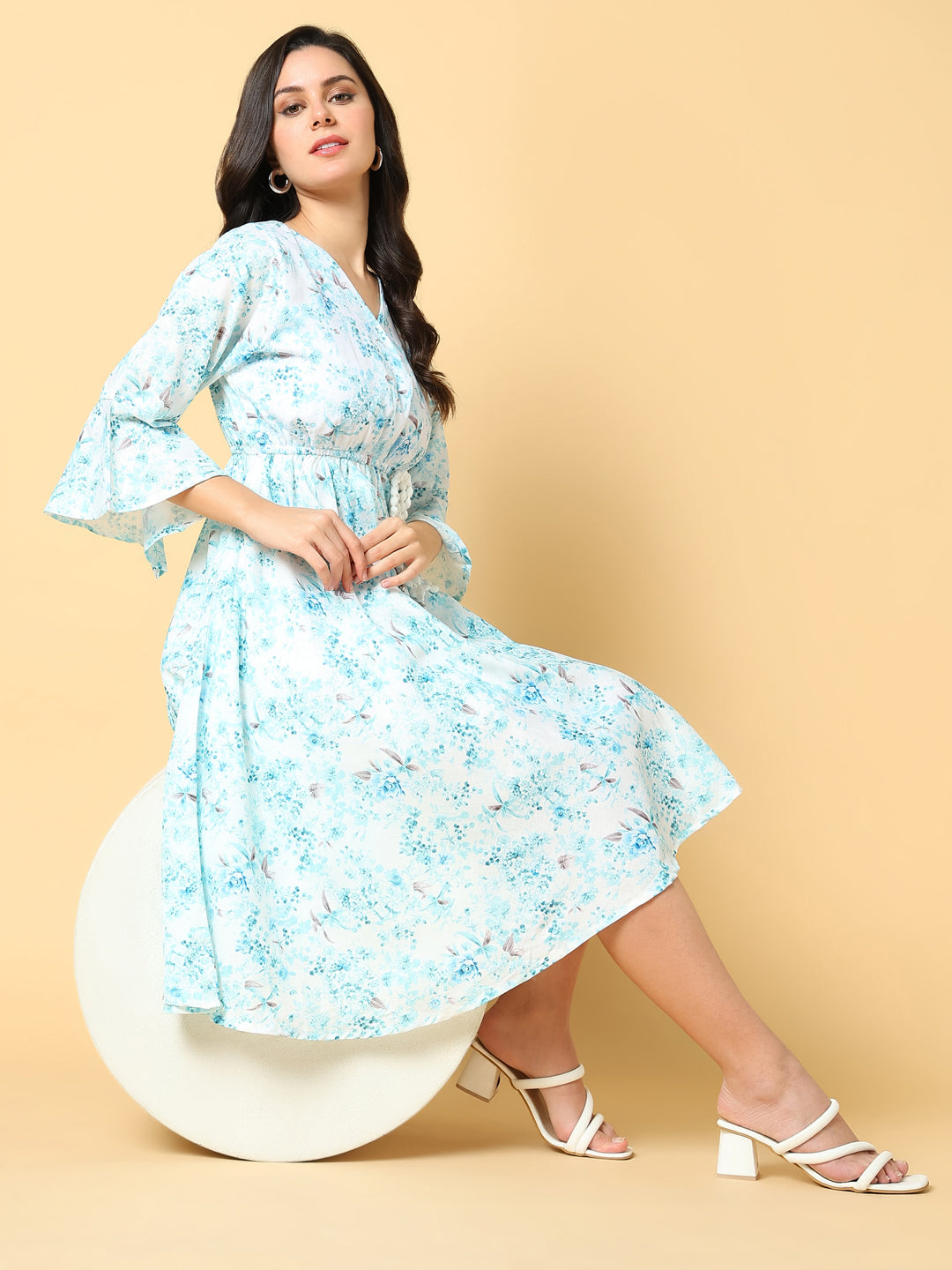 Women Printed Blue Fit and Flare Dress