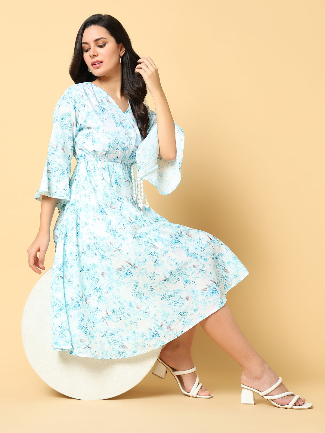 Women Printed Blue Fit and Flare Dress