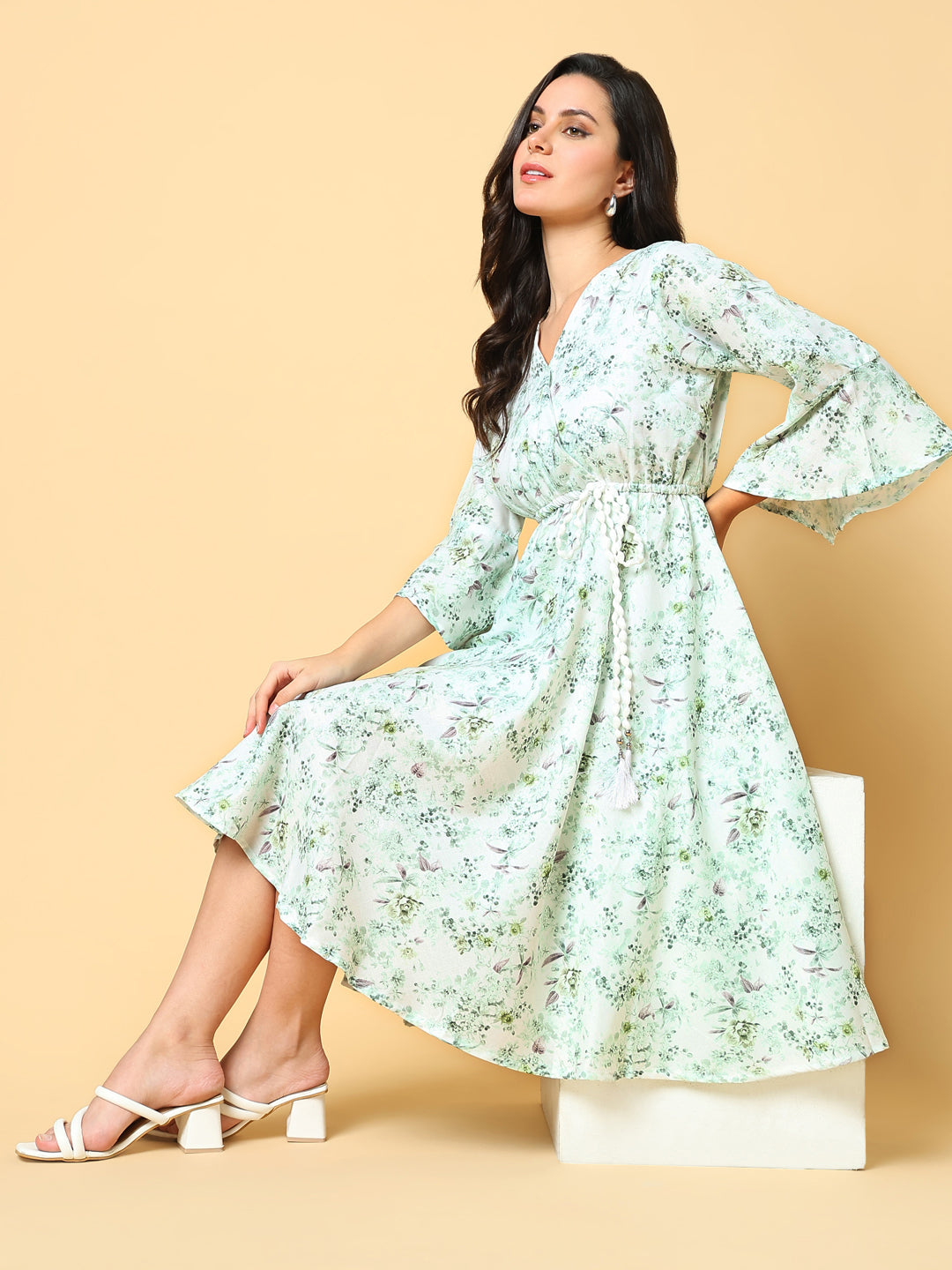 Women Printed Green Fit and Flare Dress