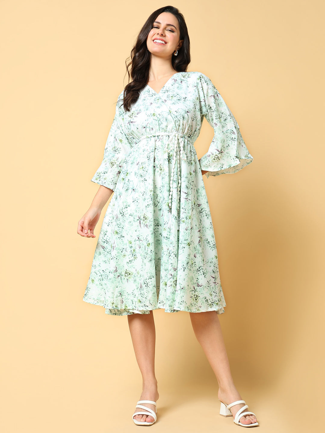 Women Printed Green Fit and Flare Dress