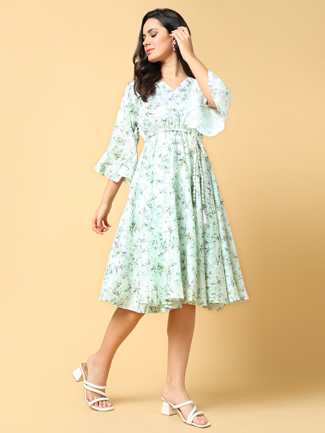 Women Printed Green Fit and Flare Dress