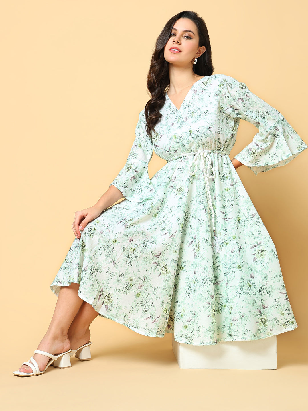 Women Printed Green Fit and Flare Dress