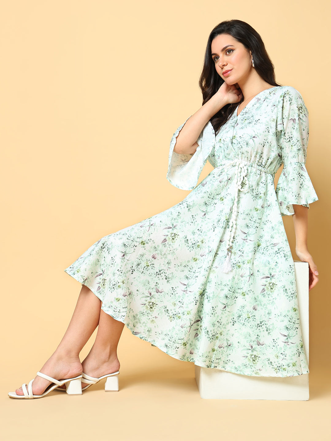 Women Printed Green Fit and Flare Dress