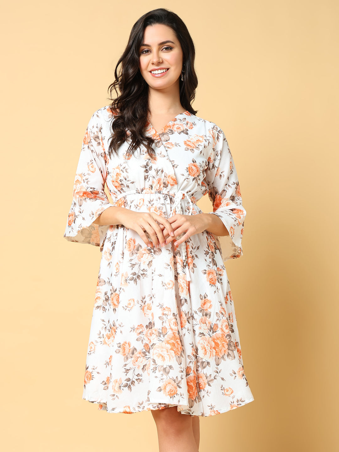 Women Printed Orange Fit and Flare Dress