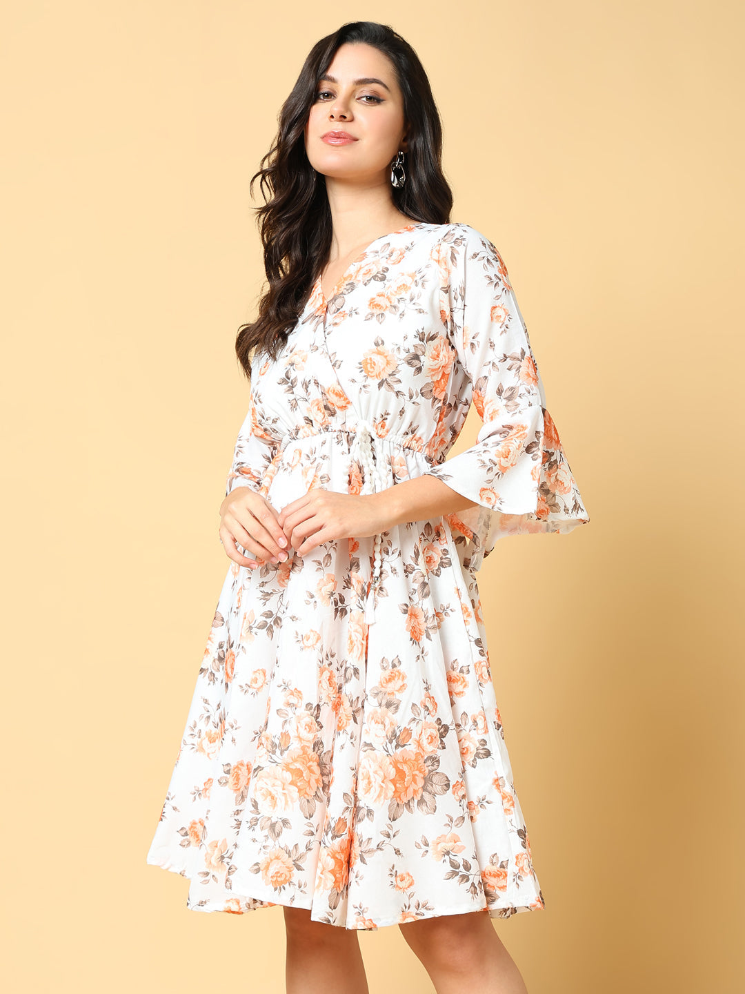 Women Printed Orange Fit and Flare Dress