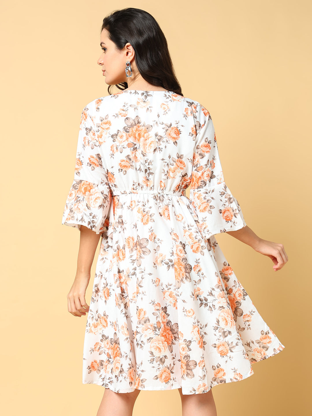 Women Printed Orange Fit and Flare Dress