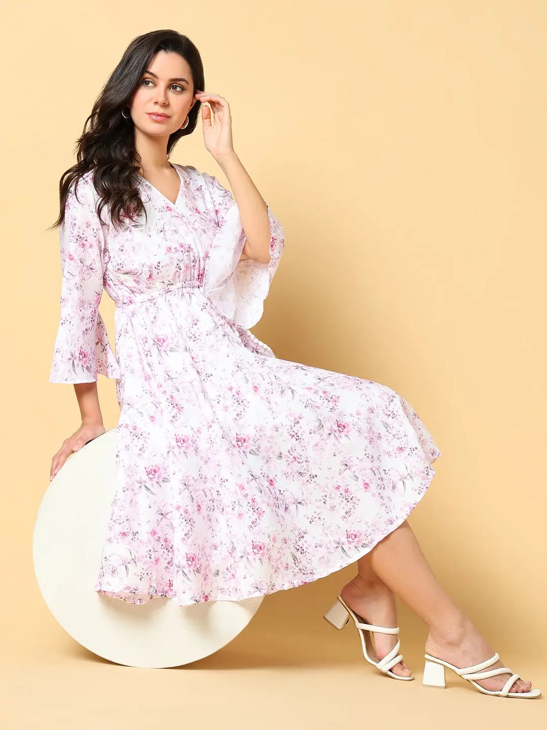 Shop Women's Pink Floral Printed Cotton Bell Sleeve Fit & Flare Knee Length Dress| Showoffff Shop Women's Pink Floral Printed Cotton Bell Sleeve Fit & Flare Knee Length Dress| Showoffff