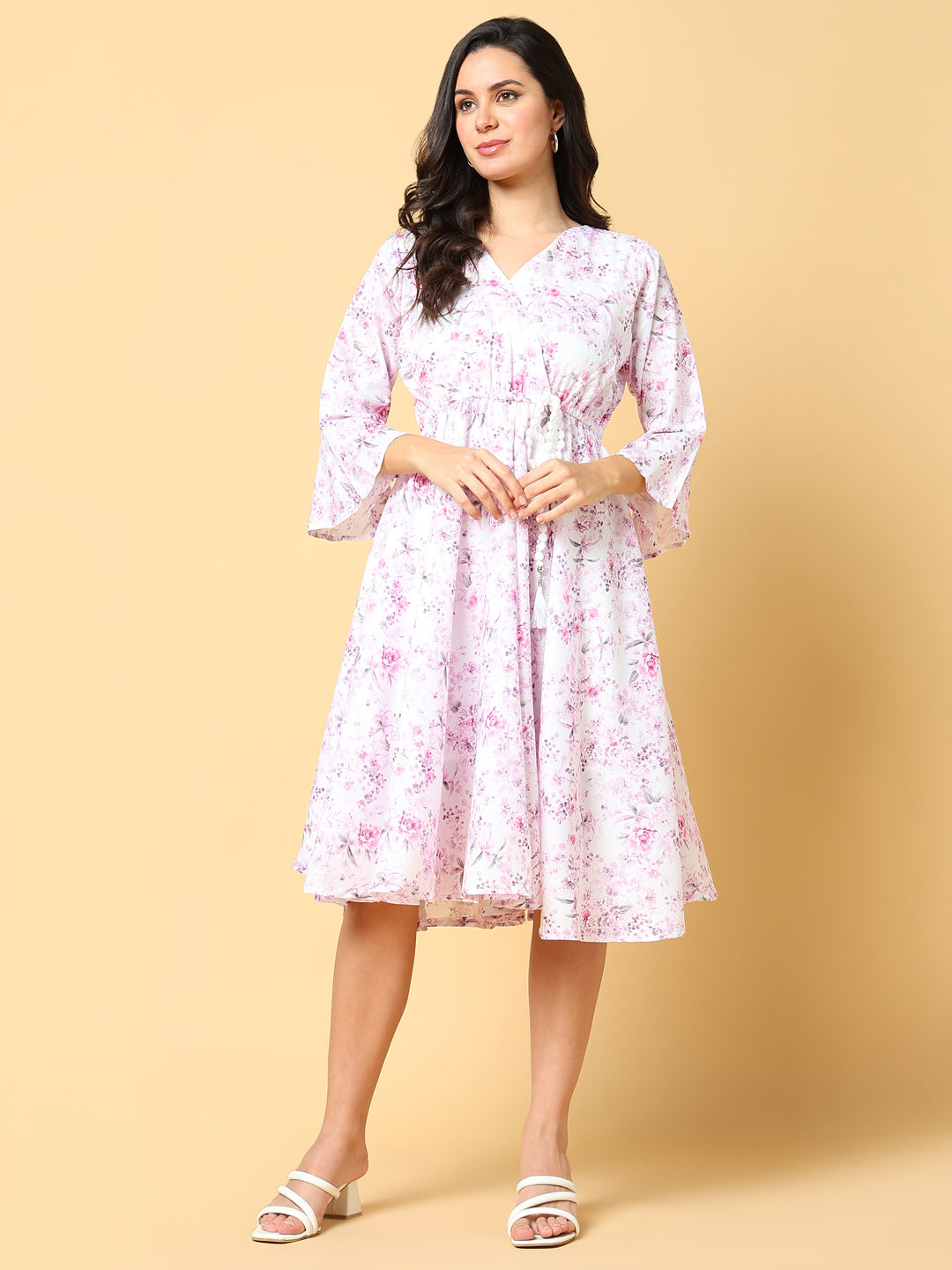 Women Printed Pink Fit and Flare Dress