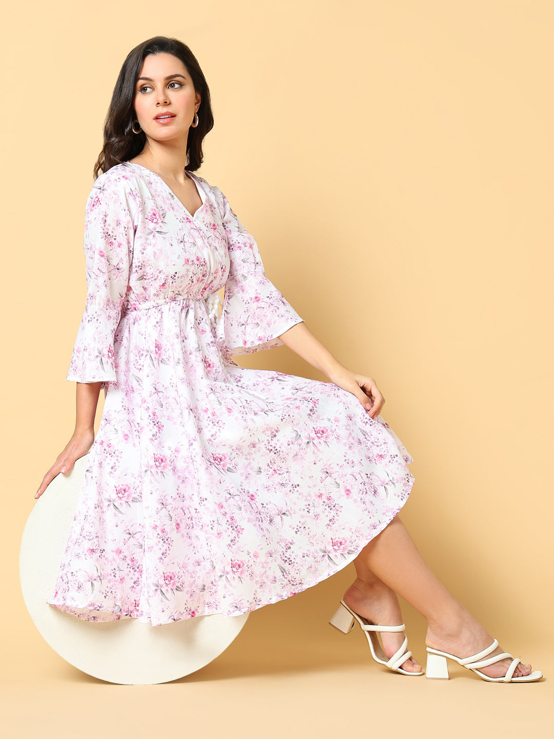 Women Printed Pink Fit and Flare Dress