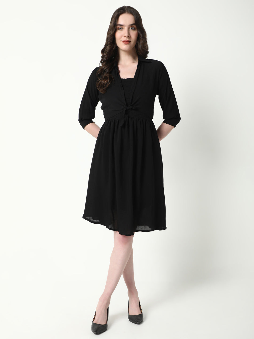 Women Solid Black Flared Dress with shrug