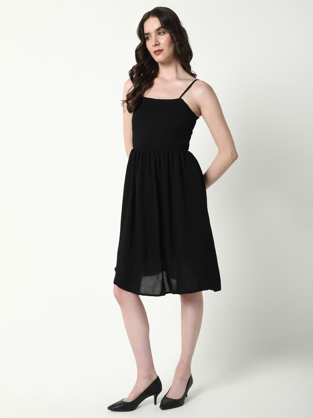 Women Solid Black Flared Dress with shrug