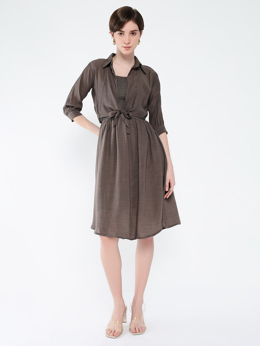 Women Solid Olive Fit and Flare Dress with Shrug