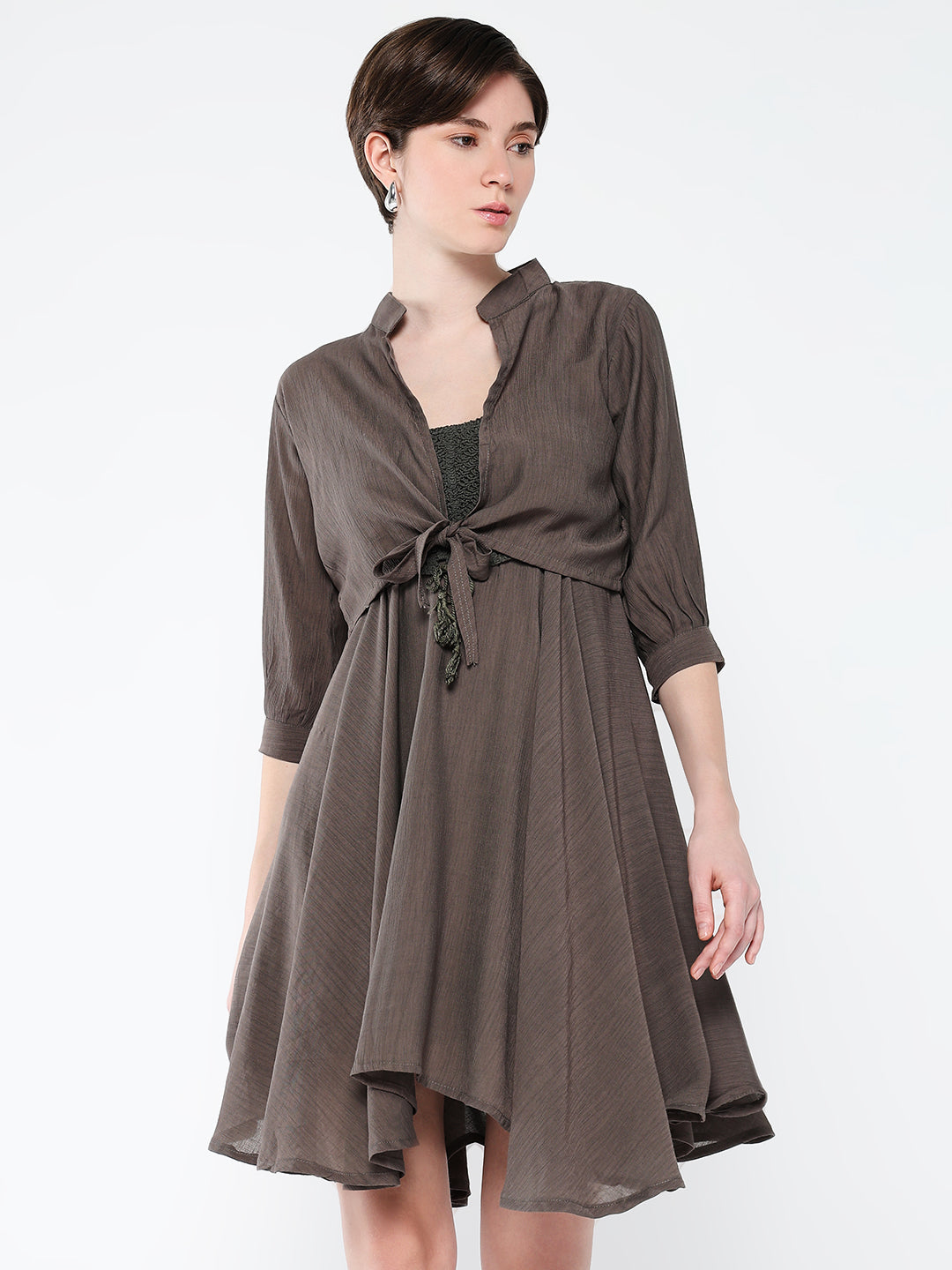 Women Solid Olive Fit and Flare Dress with Shrug