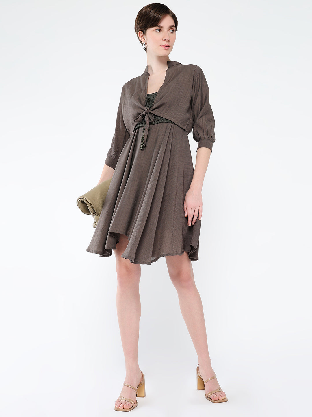 Women Solid Olive Fit and Flare Dress with Shrug