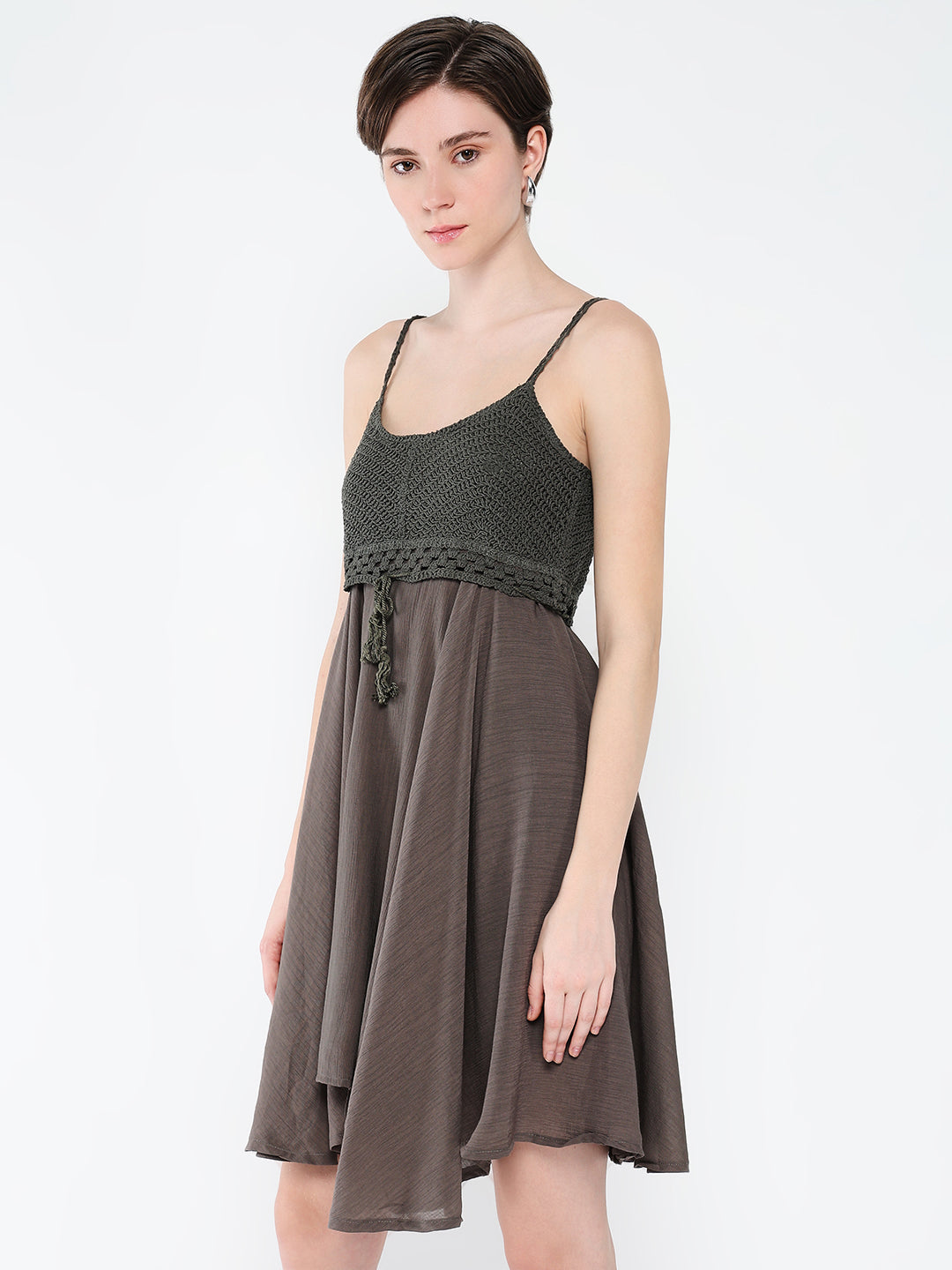 Women Solid Olive Fit and Flare Dress with Shrug