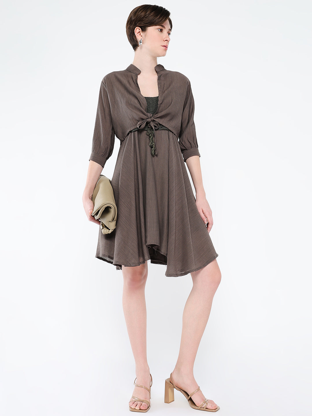 Women Solid Olive Fit and Flare Dress with Shrug